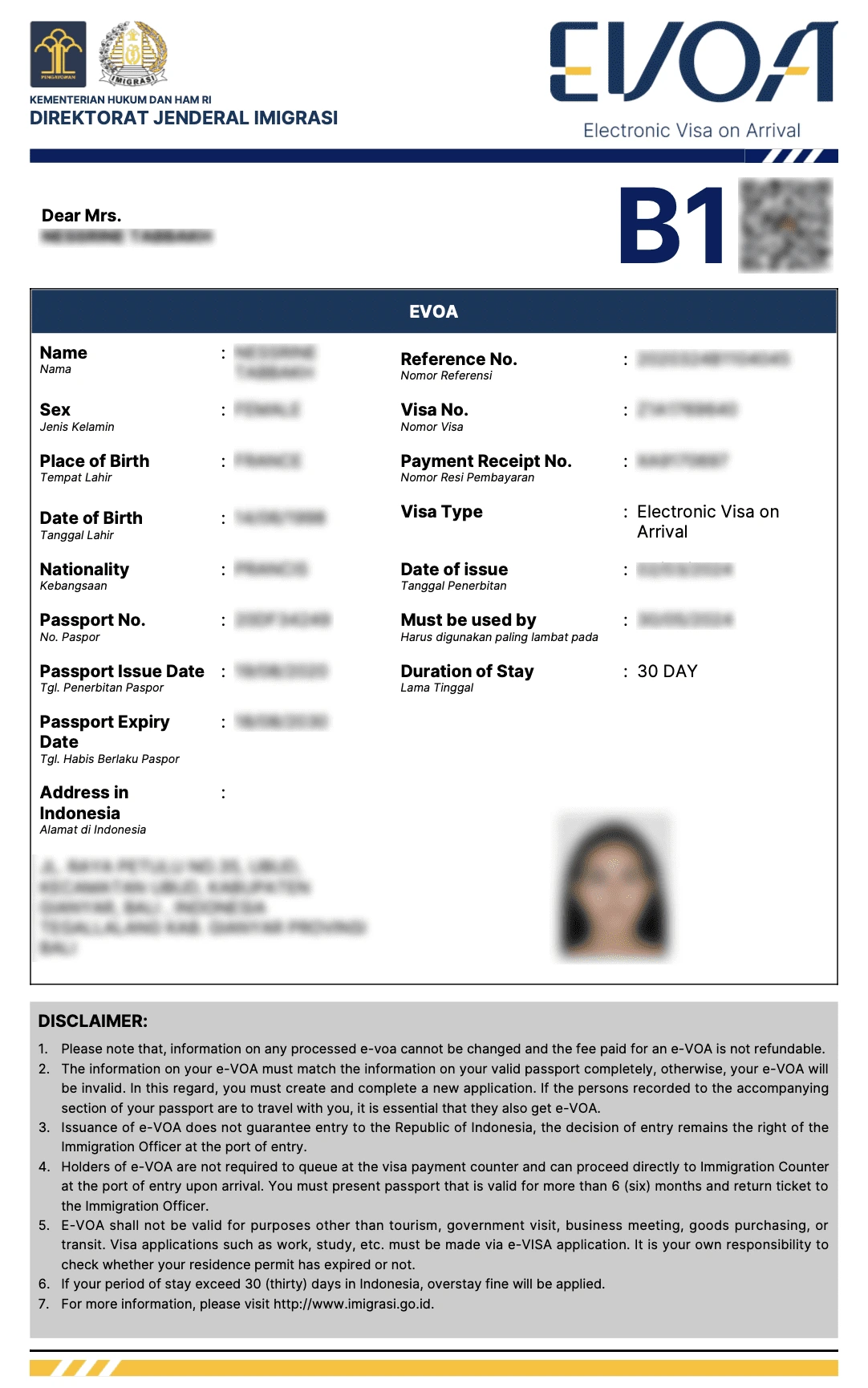 Sample of official Indonesia B1 e-VOA Visa document