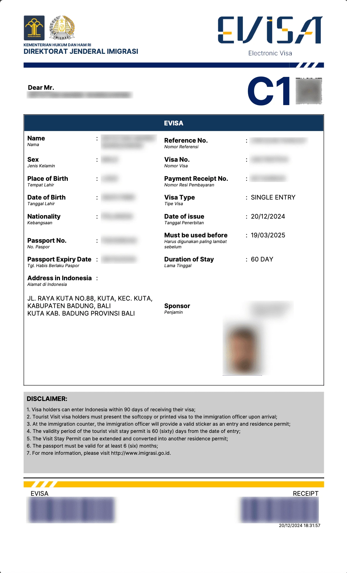 Sample of official Indonesia C1 Visitor Visa document
