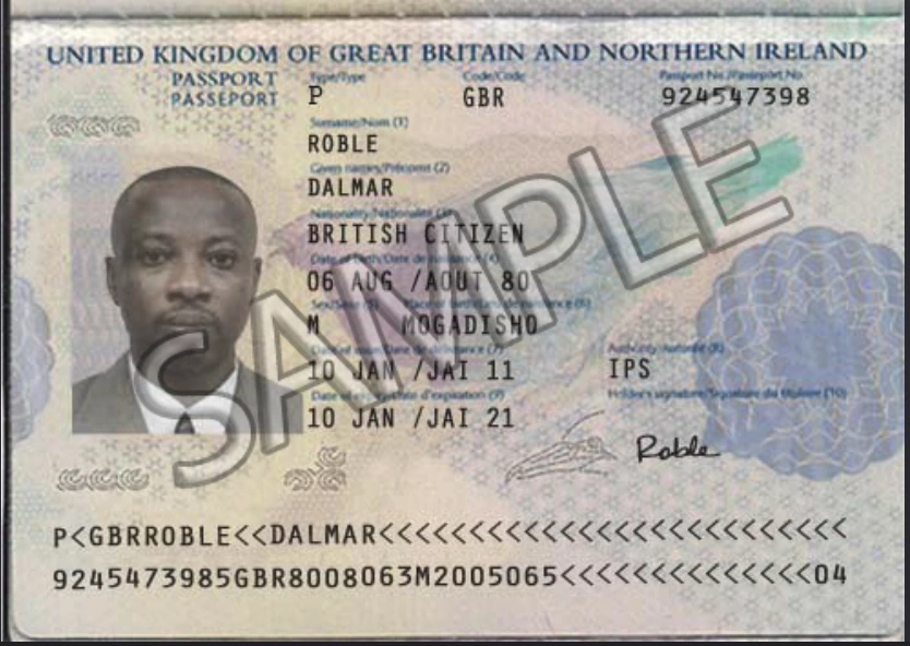 Specimen of a British Passport Data Page highlighting the MRZ code required for Indonesia e-Visa application